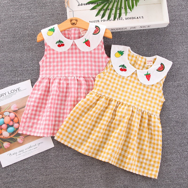 Summer Toddler Girls Sweet Dress 2021 New Casual Fashion Kids Plaid Skirt Baby Peter Pan Collar with Fruit Printed Clothing