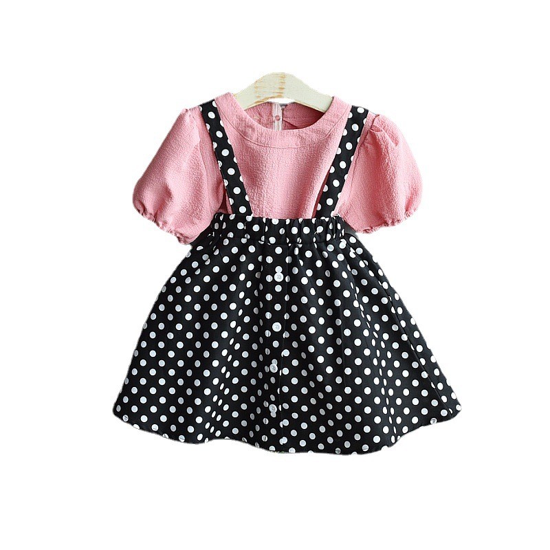 Summer 2022 Girl Suspender Set New Fashion Short Sleeve Polka Dot Girls Clothes College Elegant Set Kids Clothes