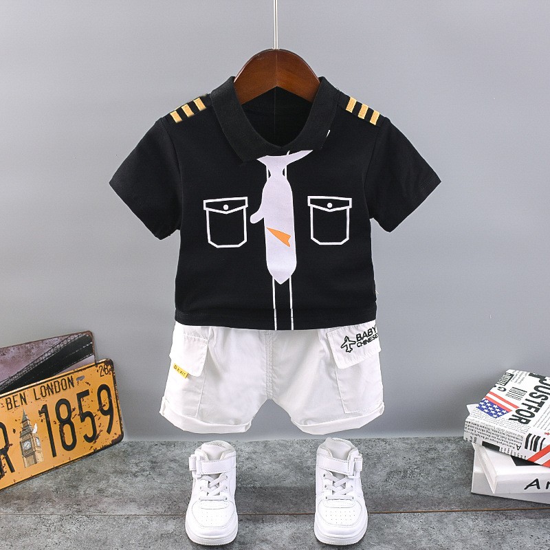 New Summer Baby Boys Handsome Captain Clothing Sets Baby Girls Print Cotton T-shirt + Shorts 2pcs Sets Kids Infant Clothes