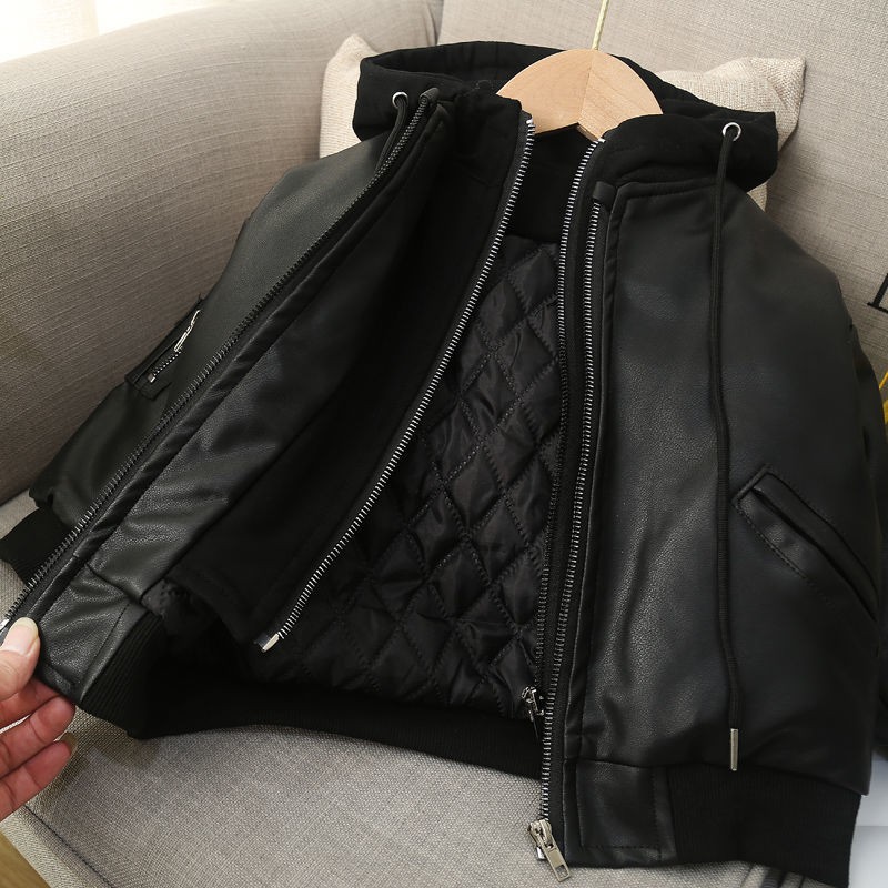 بولي Leather جاكيت أطفال جلدية الخريف والشتاء الطفل معطف مقاوم للماء طفل الفتيان سترات من الجلد الدافئة سميكة مقنعين ملابس الأطفال