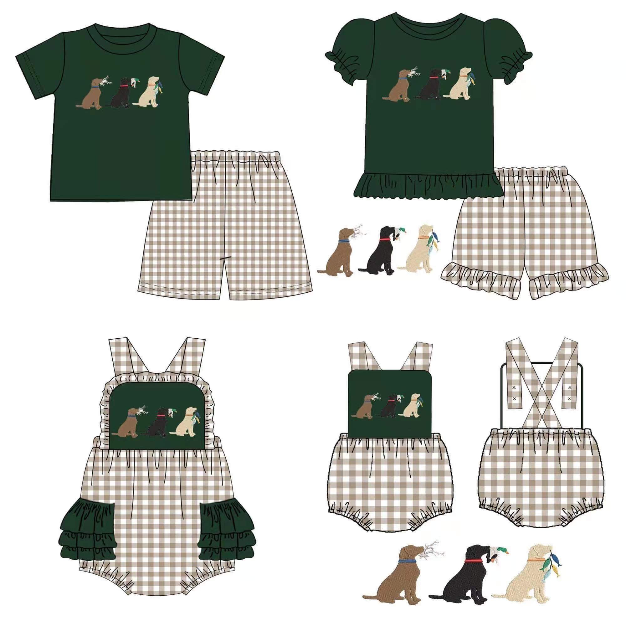 Baby Boys Clothing Sets Cute Dark Green Three Dog T-shirt + Coffee Lattice Casual Sports Shorts 1-8T Kids Outfits For Summer