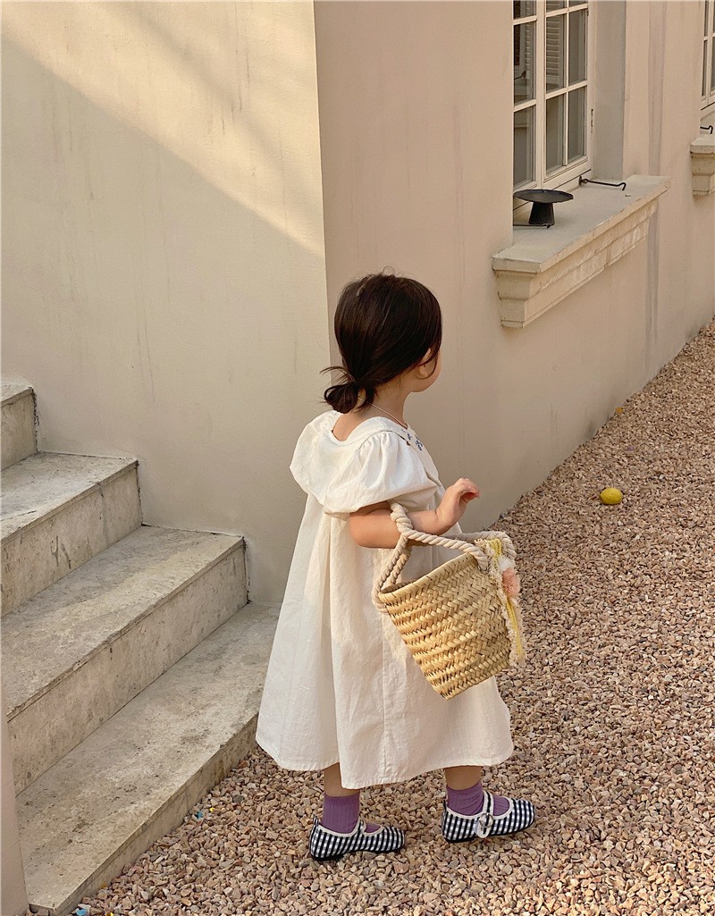 Aile Junmei 2022 Summer Girls Dress Cotton Linen Floral Sleeve Applique Korean Style Dress Children Princess Dress