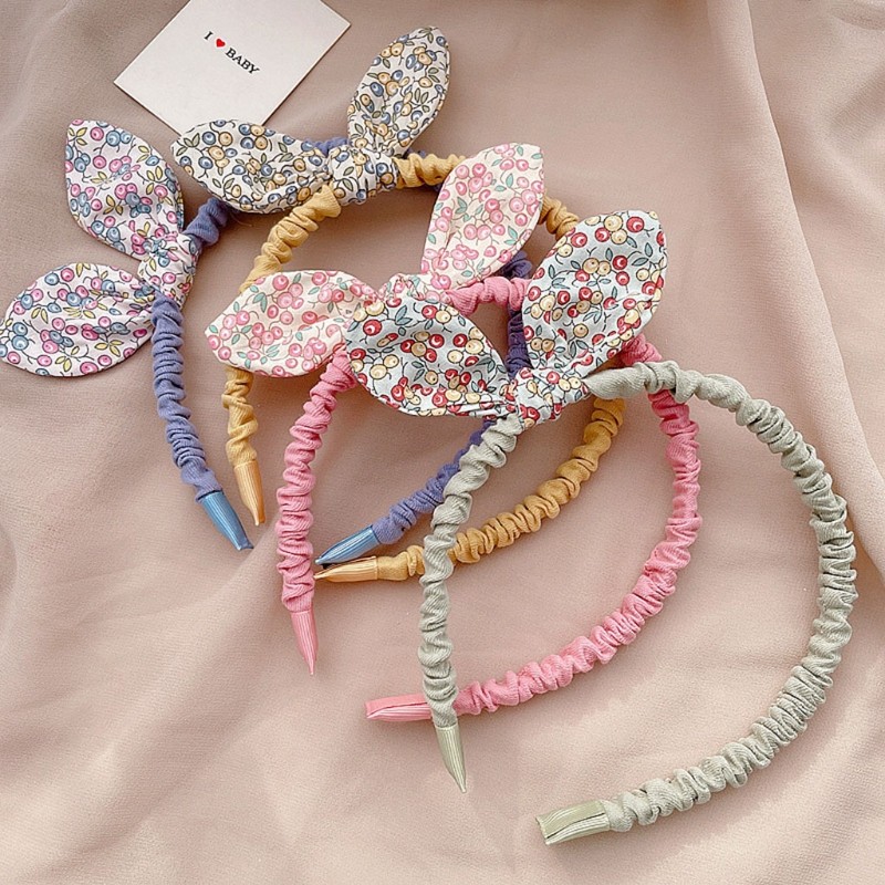 1PC Cute Kids Lovely Cloth Floral Printed Hair Hoop Small Fresh Style Fashion Baby Girls Rabbit Ears Bowknot Headband