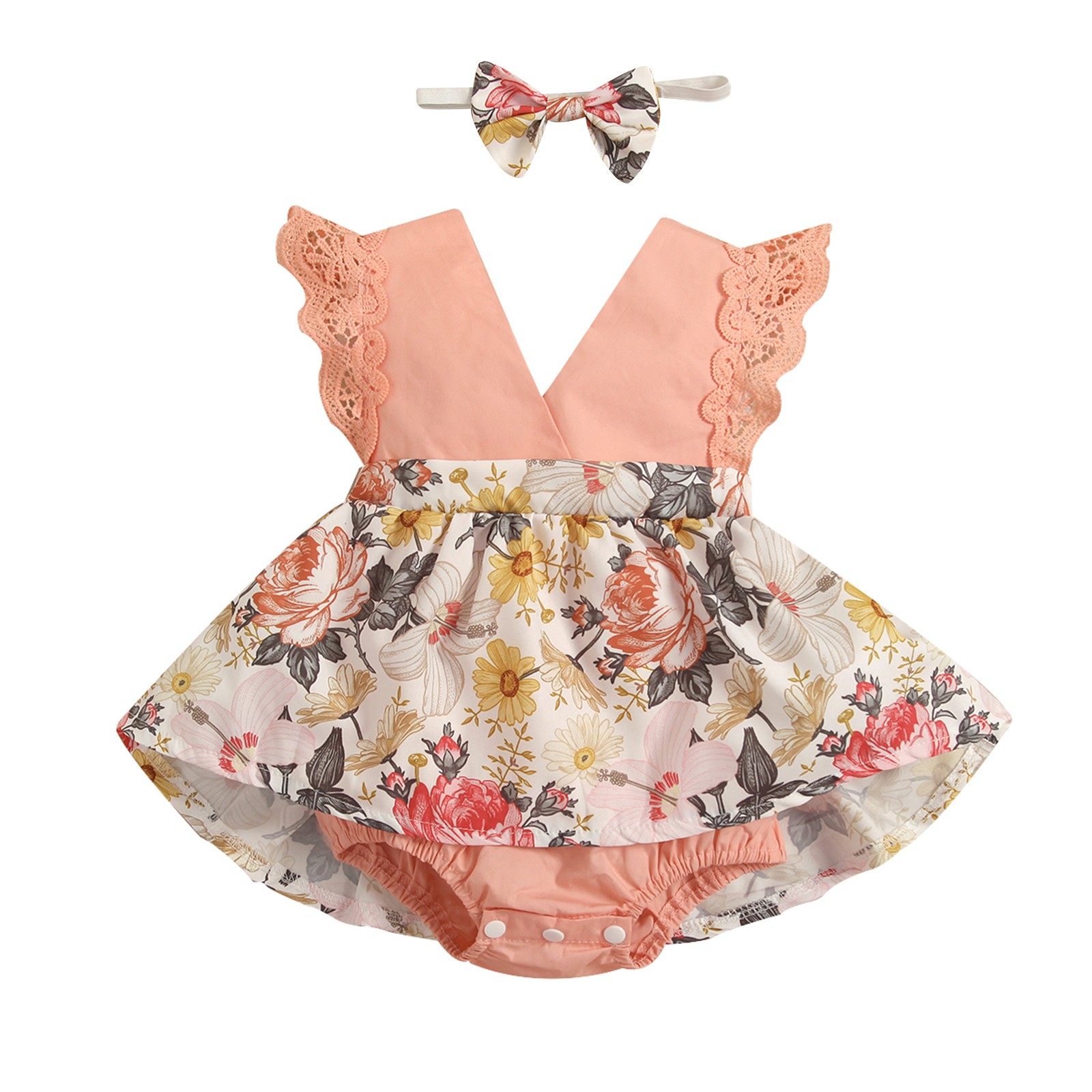 Ma & Baby 0-24M Newborn Infant Baby Girl Romper V-Neck Lace Floral Jumpsuit Playsuit Summer Clothes Overalls Costumes D01