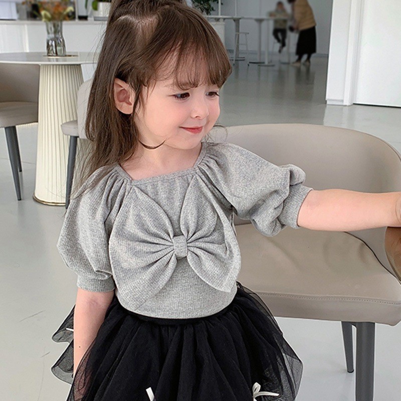 Summer girls cute casual T-shirt baby sweet bubble sleeve princess clothes big bow short sleeve top