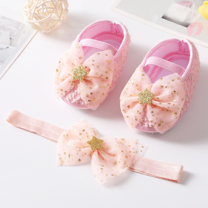 Etosale Cute Baby Walking Shoes 0-18M Newborn Baby Girls Shoes + Headband Set Infant Soft Sole Bowknot Princess First Walkers