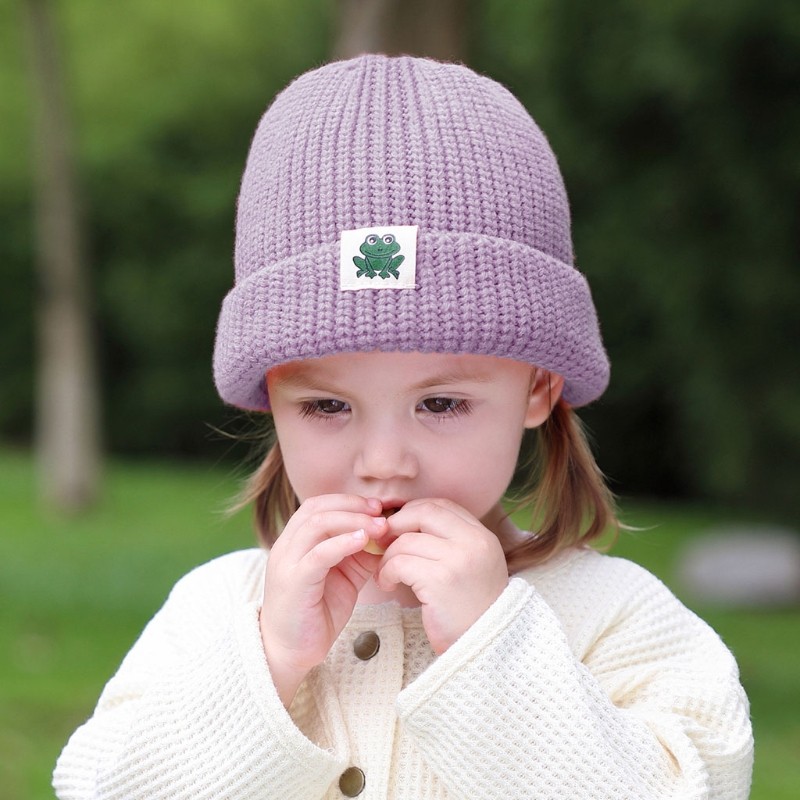 Autumn Winter Solid Color Baby Knitted Warm Hat Soft Casual Hemming Hat Kids Girls Boys Frog Label Beanies Clothes