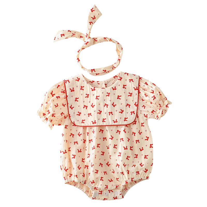 Baby Girl Summer Clothes Bow Print Crew Neck Cotton Short Sleeved Bodysuit Outfits Hair Band