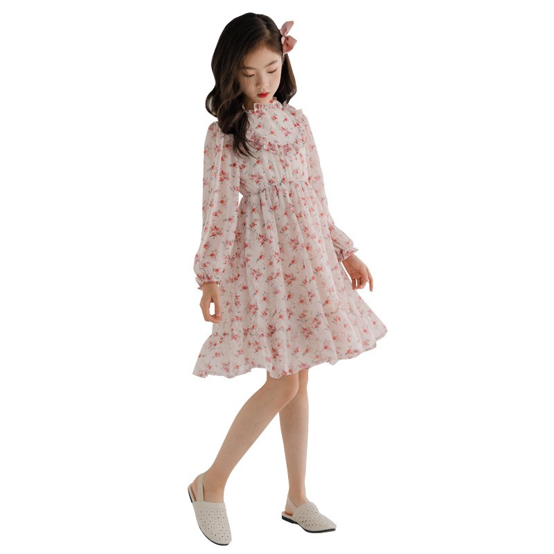 Long Sleeve Girls Dress 2022 Spring Summer New Korean Girls Dress Floral Chiffon Princess Dress Collage Style Kids Clothes