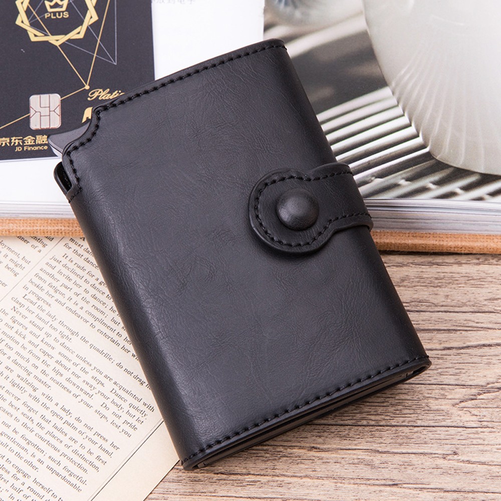 Card Holder with RFID Button for Men, Card Holder with Wallet Black, Metal, Aluminum, Auto Pop Up, Wallet Black