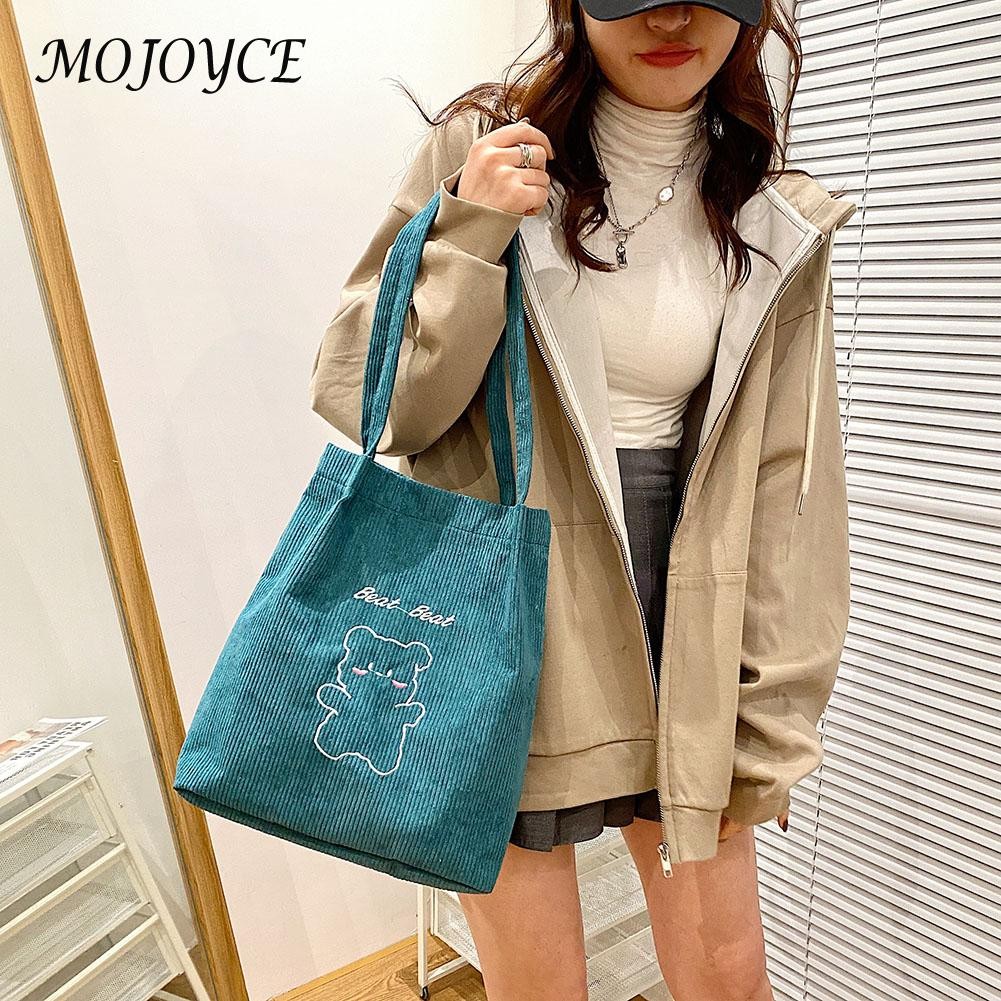 Retro female shoulder bag creative bear print design casual corduroy shoulder bag women large capacity bags