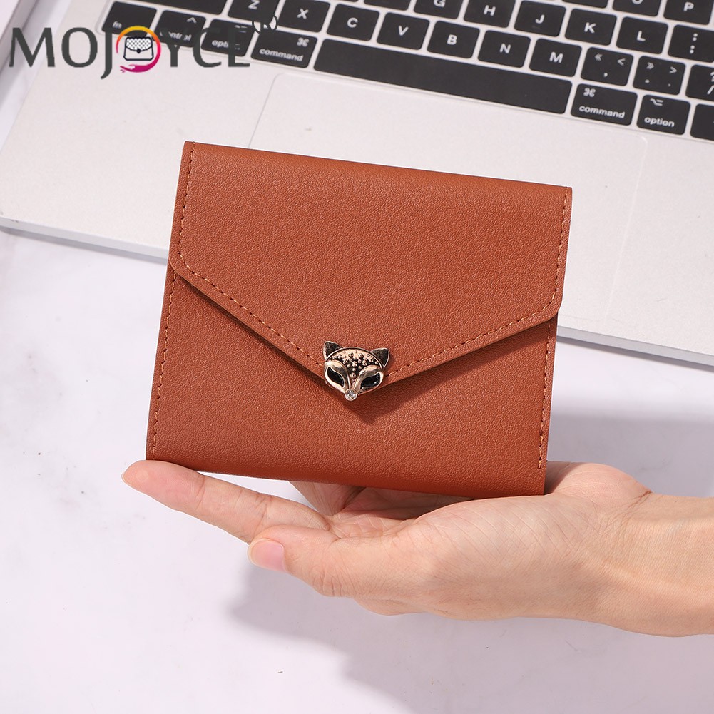 Simple Fashion Women Trifold PU Leather Small Wallet Portable Solid Color Casual Business Card Holder Fox Shape Hasp Coin Purse