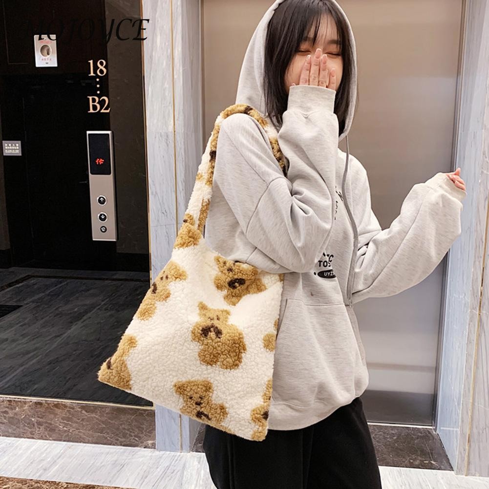 Elegant Women Shoulder Bags Women Autumn Winter Cartoon Bear Print Underarm Bag Warm Plush Tote Decorative Handbag