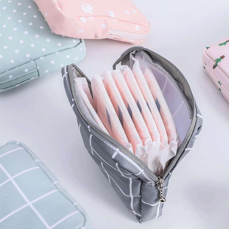 Women Portable Sanitary Napkin Storage Bag Cotton Travel Makeup Bag Printed Literary Zipper Purse Sundries Cosmetic Organizer