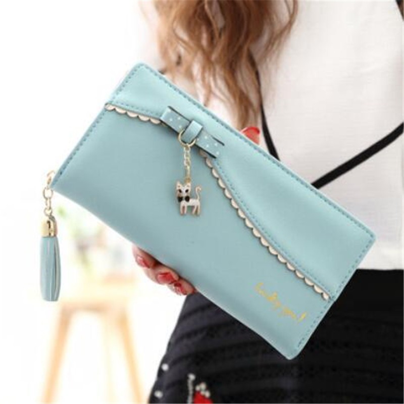 PU long wallet leather wallet women card holder purse sweet bow cute cat pendant tassel ladies clutch phone money coin bag portemonny