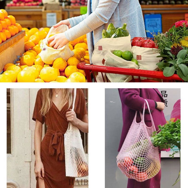 7pcs Organic Cotton Mesh Shopping Bag Gauze Net Bag With Drawstring Reusable Shopping Tote Food Storage Grocery Shoulder Bag