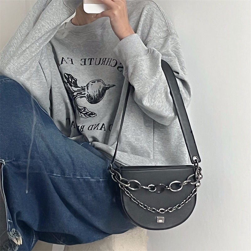 Xiuya 2022 Street Women Saddle Bag Chain Design Shoulder Bag Underarm Sweet Cool All-match Casual Messenger Bag Pouch Pouch