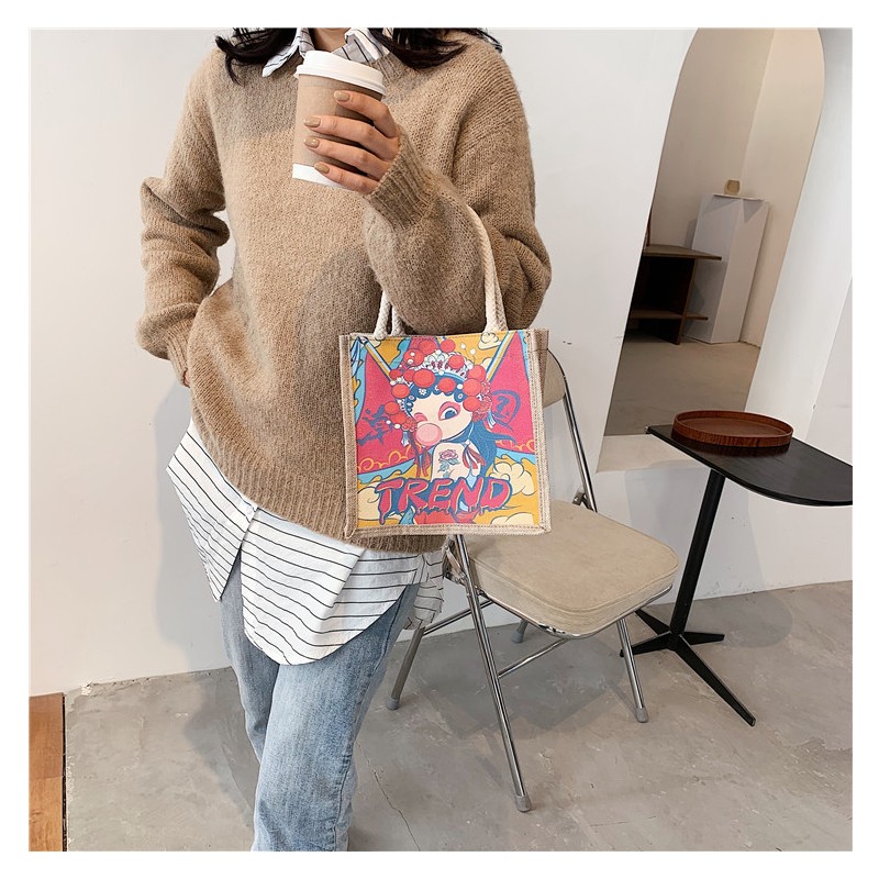 Women's Bag Canvas Bag Peking Opera Personality Creative Handbag Chinese Style Net Red Bento Tote Bag Women Bag Canvas Bag