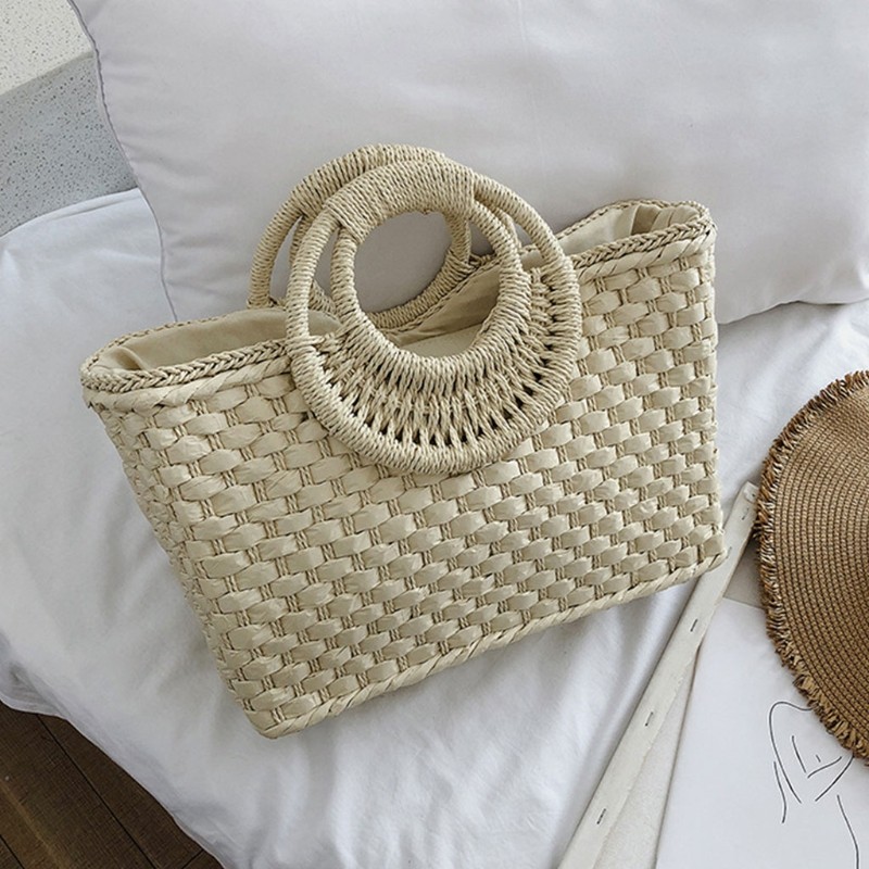 bohemian women summer beach woven straw handbag with round top handle travel vacation weave zipper large top basket bag