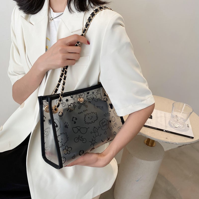 MBTI 2022 New Transparent Female Hand Cartoon Print Women Casual Large Shoulder Bag Shopping Fashion Chain Handle Bolso Mujer