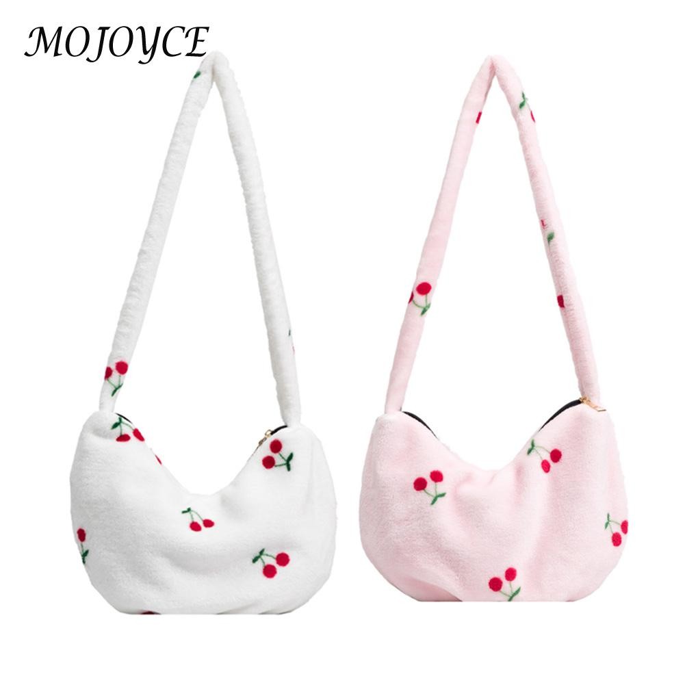 Female Fashion Cherry Pattern Shoulder Bag Winter Mobile Phone Top Handle Bag Warm Plush Tote Decorative Handbag