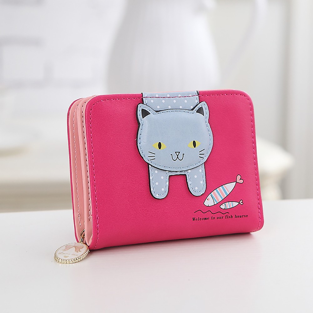 Card Portable Hasp Coin Zipper Closure Gift Cute Cat Money Folding Short PU Leather Cartoon Women Wallet