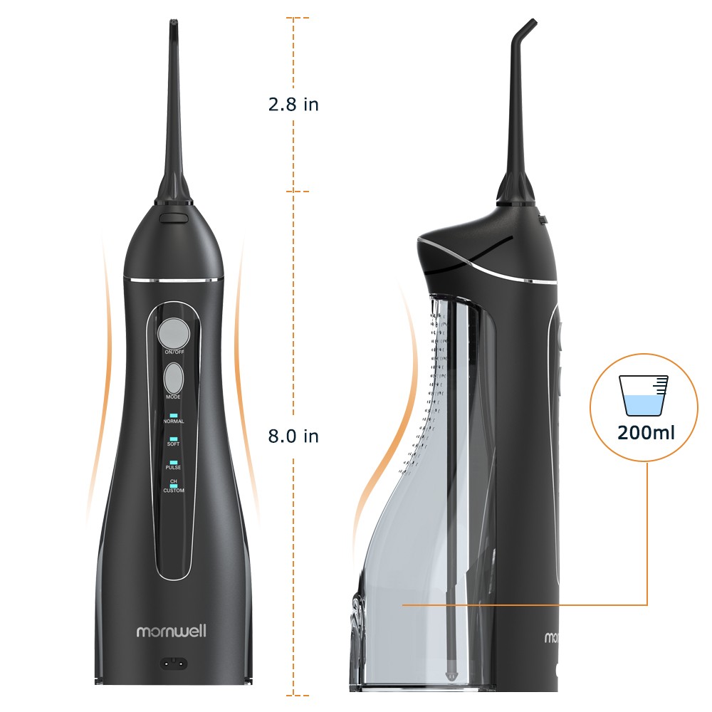 Mornwell Portable Oral Irrigator with Travel Bag Water Flosser USB Rechargeable 5 Nozzles Water Jet 200ml Waterproof Water Tank