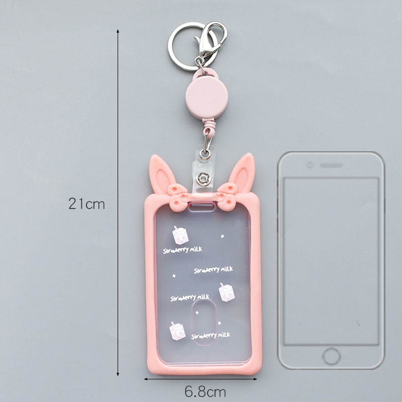 Cute Ear Card Holder Retractable Piggy Milk Bottle Student Card Holder Bus Pass Cover Keychain Card Badge Storage Bag