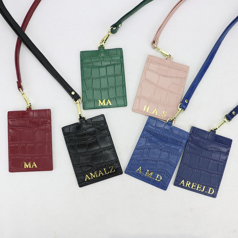 ID card holder for men and women, new, crocodile embossed leather, decorated lettering