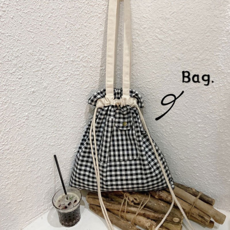 Shopping Bags For Women Plaid Casual Drawstring Adjustable Ins Cute Students Shopper Bag Korean Style