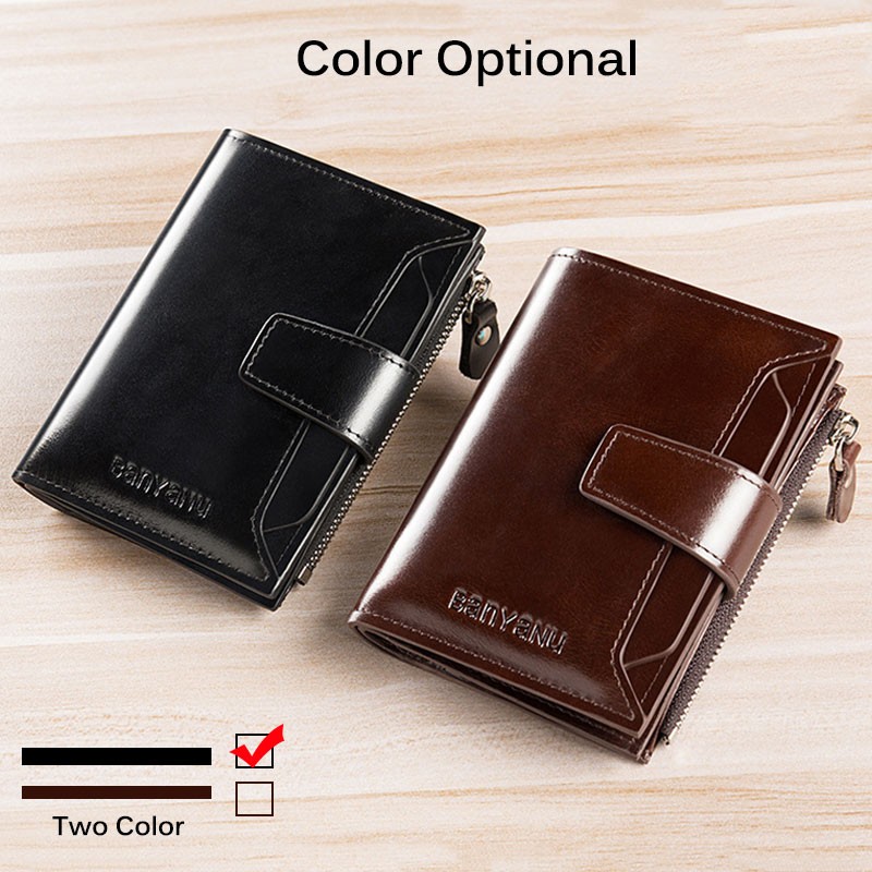 Men's Genuine Leather RFID Blocking Trifold Wallet Short Vintage Multifunctional Credit Card Holder Coin Zipper Pocket Money Bags