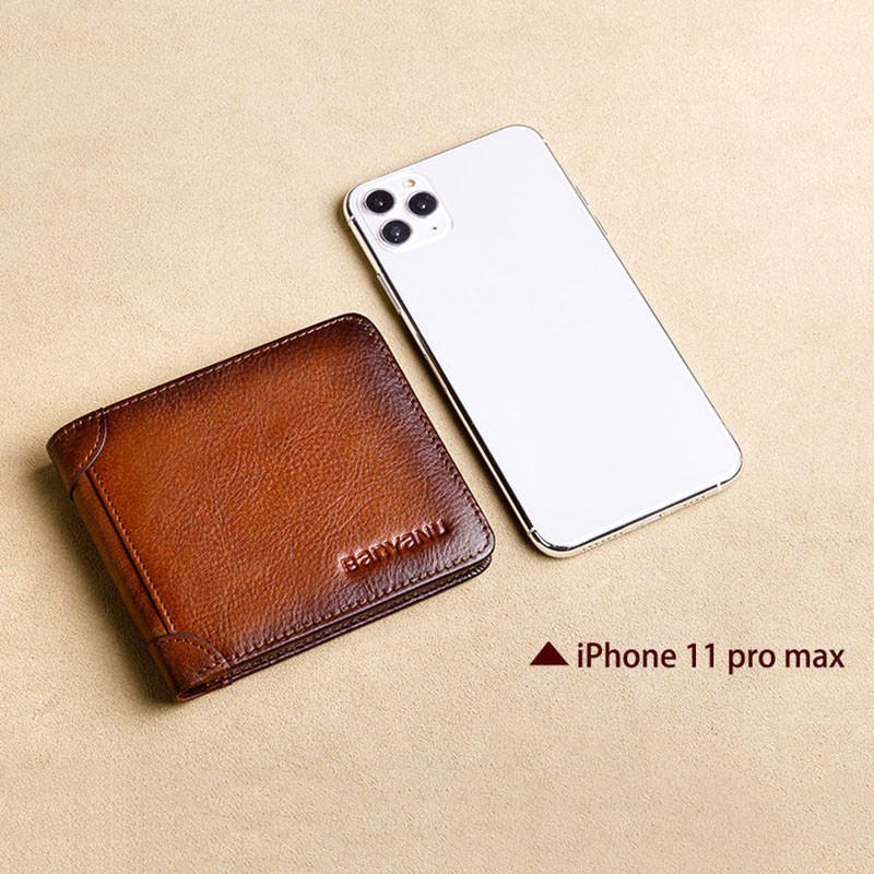 Men's Rfid Blocking Genuine Leather Bifold Wallet Vintage Slim Short Multifunctional Large Capacity Cowhide Wallet Money Clip