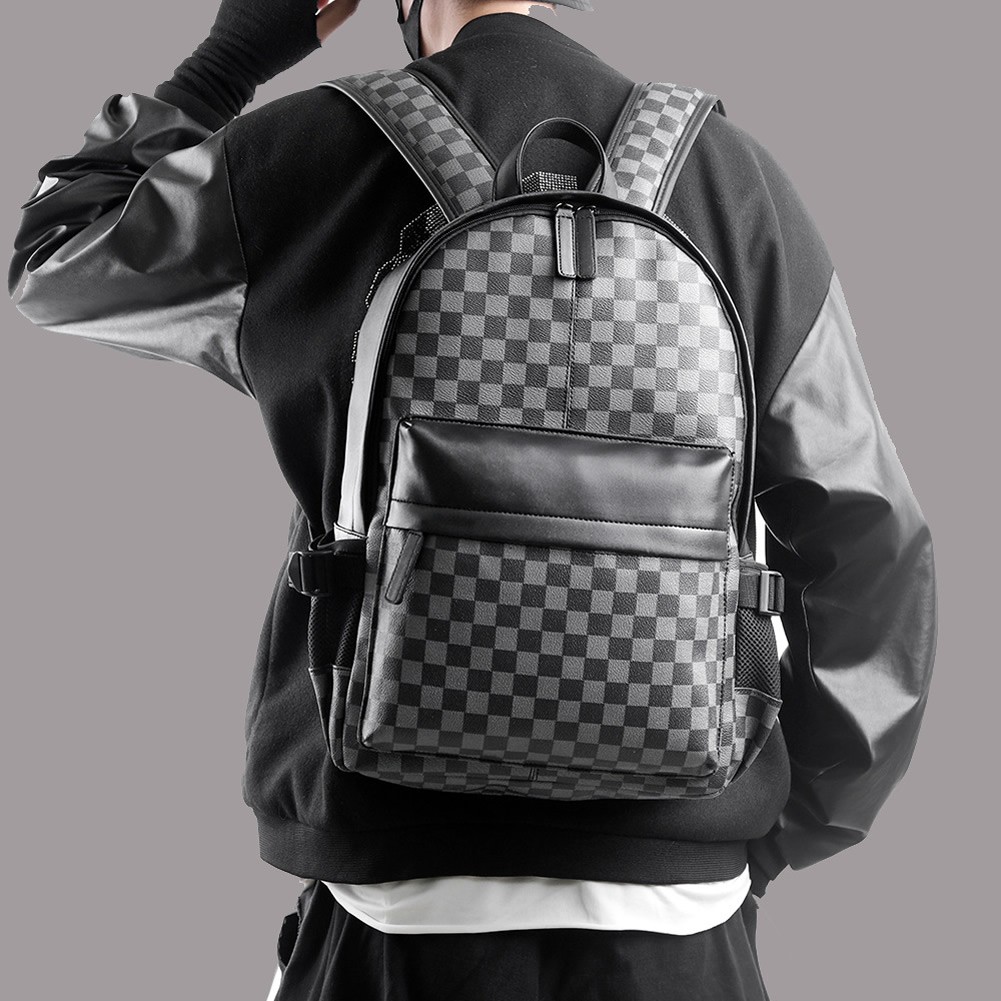 Fashion Classic Plaid Korean Version Large Capacity Backpacks PU Leather Waterproof Travel Bag Urban Business Men's Schoolbag