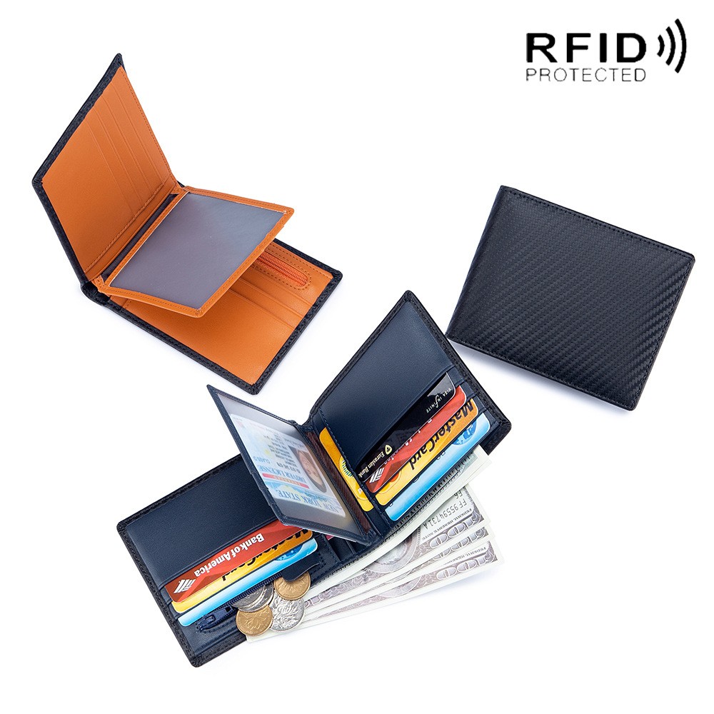 Rfid-محفظة من الجلد الطبيعي وألياف الكربون للرجال ، محفظة رجالية من الجلد الطبيعي مع حامل بطاقات ، محفظة صغيرة ، محفظة سوداء