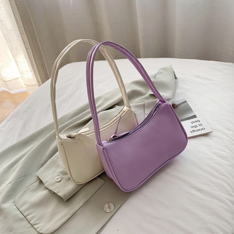 Soft PU Ladies Leather Bag Women Purple Retro Underarm Bag Solid Color Handbags Fashion Design Girls Small Shoulder Bags