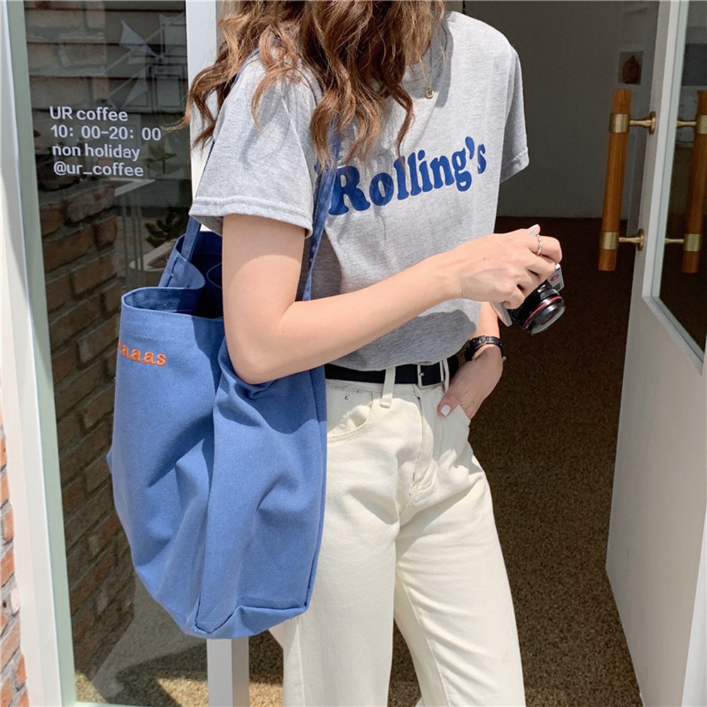 Women Canvas Simple Casual Handbags Embroidery Letters Print Large Capacity Female Shoulder Bags Solid Color Lady Shopping Bags