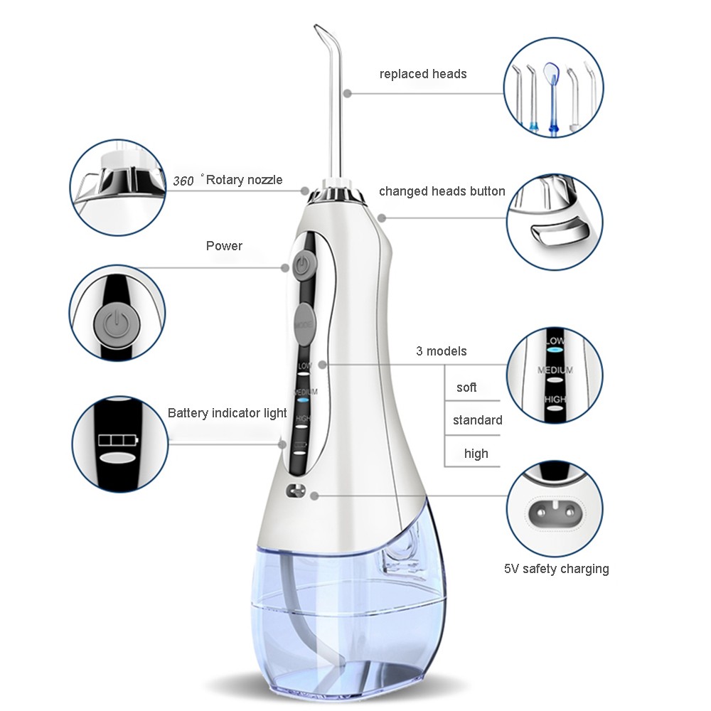 AZDENT HF-5 Oral Irrigator Portable Water Dental Flosser USB Rechargeable Water Jet Floss Tooth Pick 5 Jet Tip 300ml 3 Models