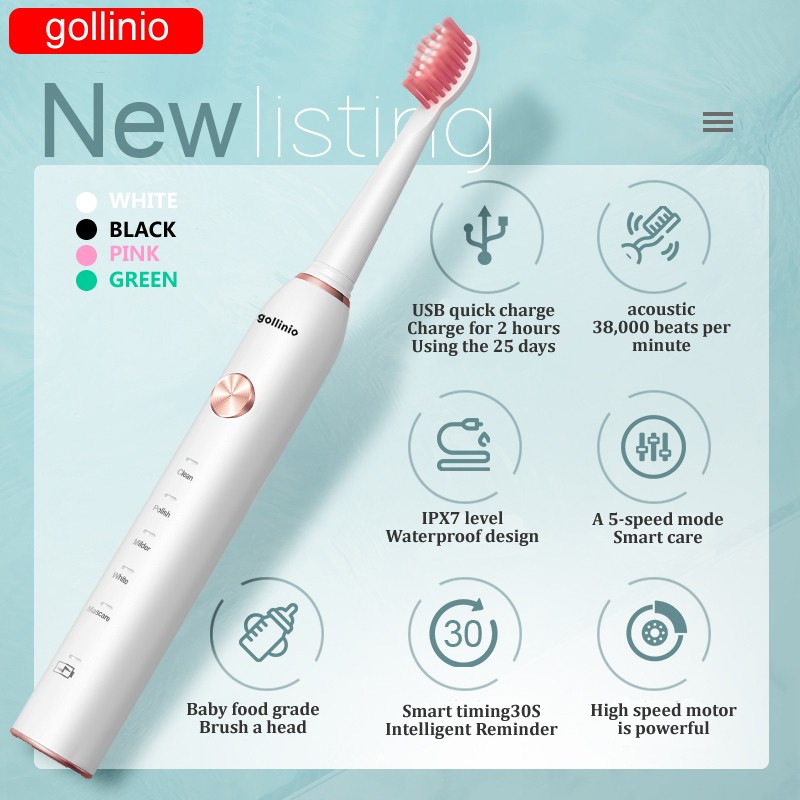 Gollinio فرشاة الأسنان الكهربائية Usb شحن سريع GL41A سونيك فرشاة أسنان قابلة للشحن استبدال رئيس التسليم في غضون 24 ساعة