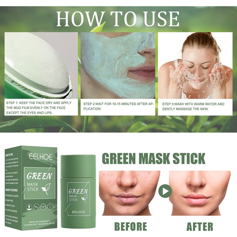 1pc Green Tea Mask Stick Purifying Mud Stick Facial Mask Cleansing Mask Oil-control Deep Clean Pores Skin Care 40g