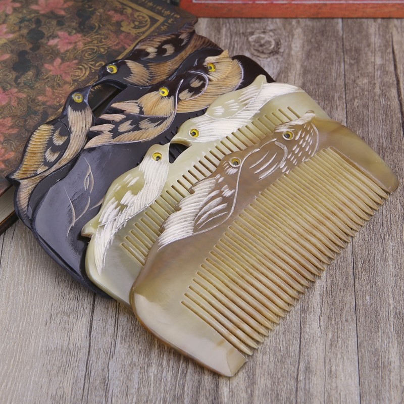 New luxury natural horn hair comb craft with mandarin duck carvings handle