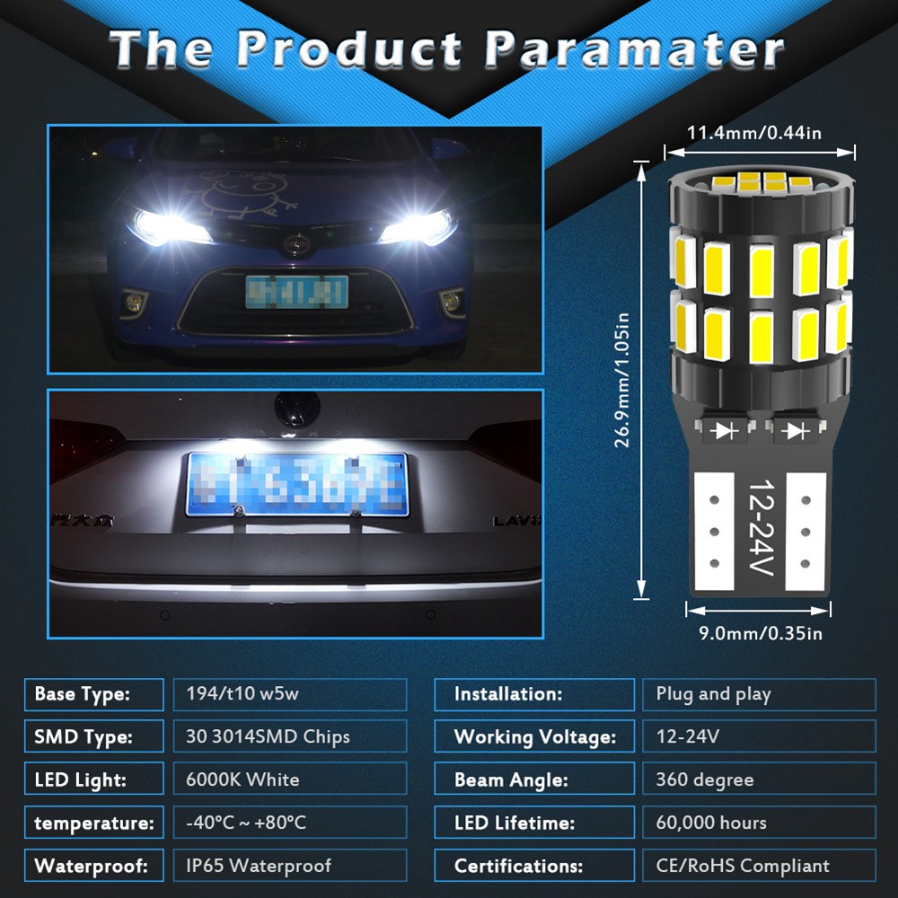 2pcs LED W5W T10 194 168 W5W SMD 30SMD Led Parking Bulb Auto Wedge Clearance Lamp CANBUS Bright White License Light Bulbs