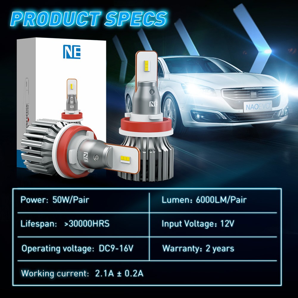 NAOEVO Headlight H7 Led Bulb 50W Fog Lights H4 Hi/Lo Beam 6000LM H11 9005 HB3 9006 HB4 6000k White 12V Car Lamps Mini