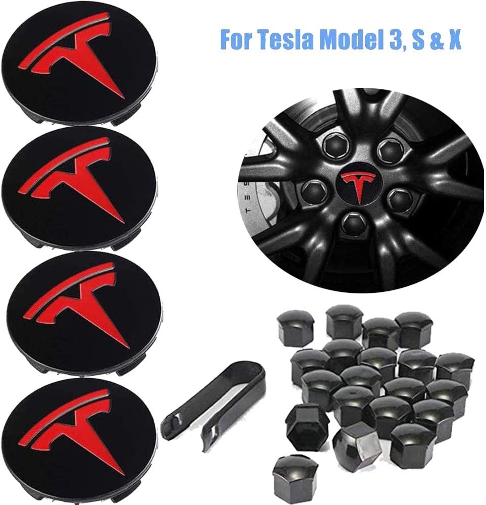 Decorative Wheel Center Hub Caps for Tesla Model 3/S/X Set of Tesla Logo Wheel Caps Center Hub Nut Lug Nut Cover for Tesla