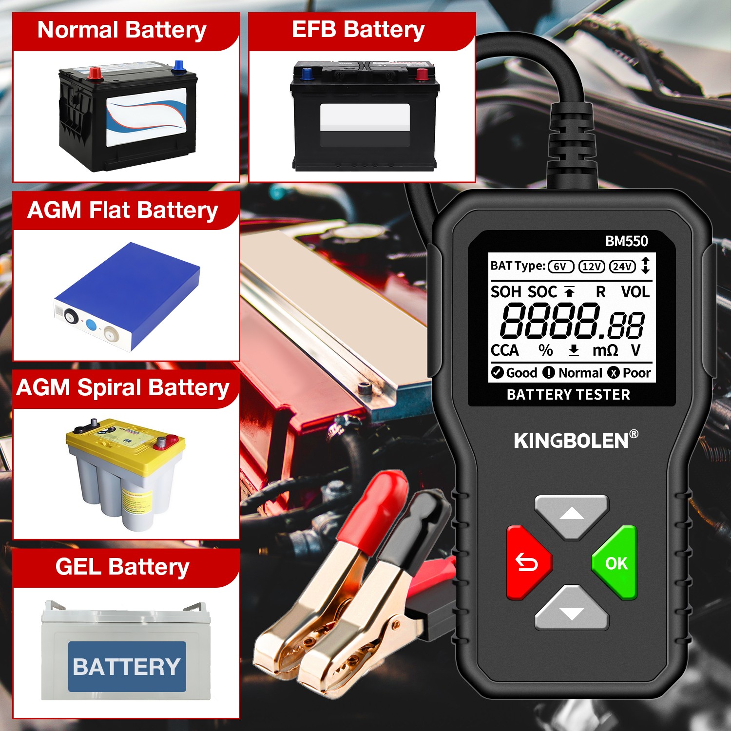 BM550 سيارة جهاز اختبار بطارية OBD2 6V 12V 24V 100-2000 CCA 2Ah-220Ah نظام البطارية كشف السيارات مُحلل بطارية تشخيص أداة # KL1