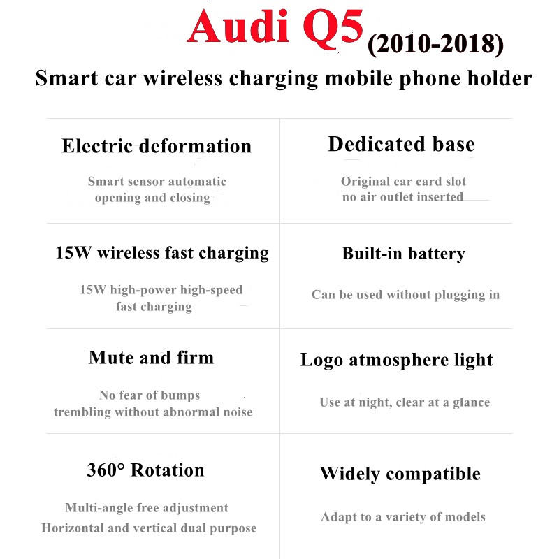 For Audi Q5 2010-2018 Car Cell Phone Holder Air Vent Wireless Charger 360 Rotating Navigation Bracket Support GPS With Logo