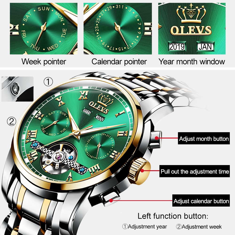 OLEVS Automatic Mechanical Men Watches Stainless Steel Waterproof Date Week Green Fascio Classic Wristwatches Reloj Hombre