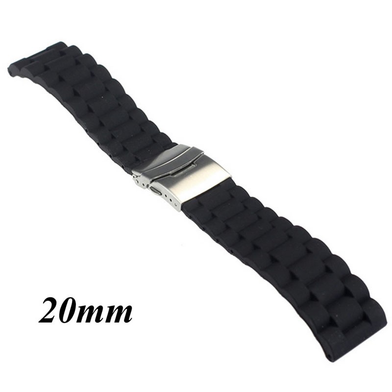 Black silicone rubber watch strap band deployment buckle waterproof 20mm 22mm