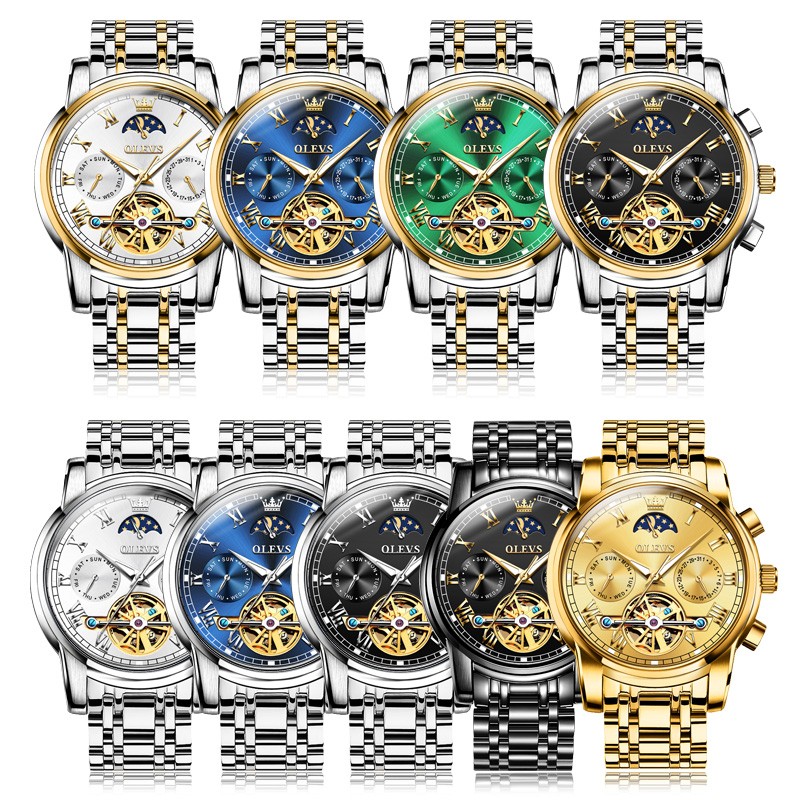 OLEVS-Men's Mechanical Watch, Classic, Water Resistant, Stainless Steel, Skeleton, Mechanical