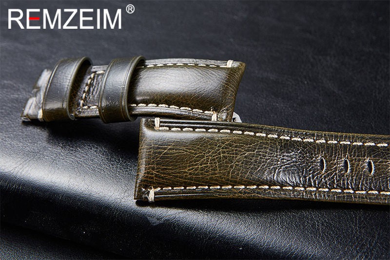 Remz Patterned - Genuine Leather Watch Strap, Brown, Green, Antique, 20, 22, 24, 26 mm, with Black and Silver Buckle