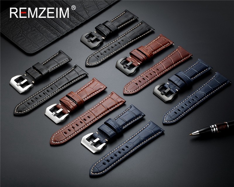 Remz Plaid - Genuine Leather Watch Strap, Blue Watch Strap, Solid Metal Buckle Watch Accessories, 20 22 24 26mm, New